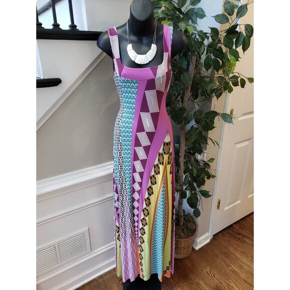 Luz & Sombra Long Maxi Dress Women Medium Multi Geo Print Wide Strap Square Neck - Picture 1 of 11